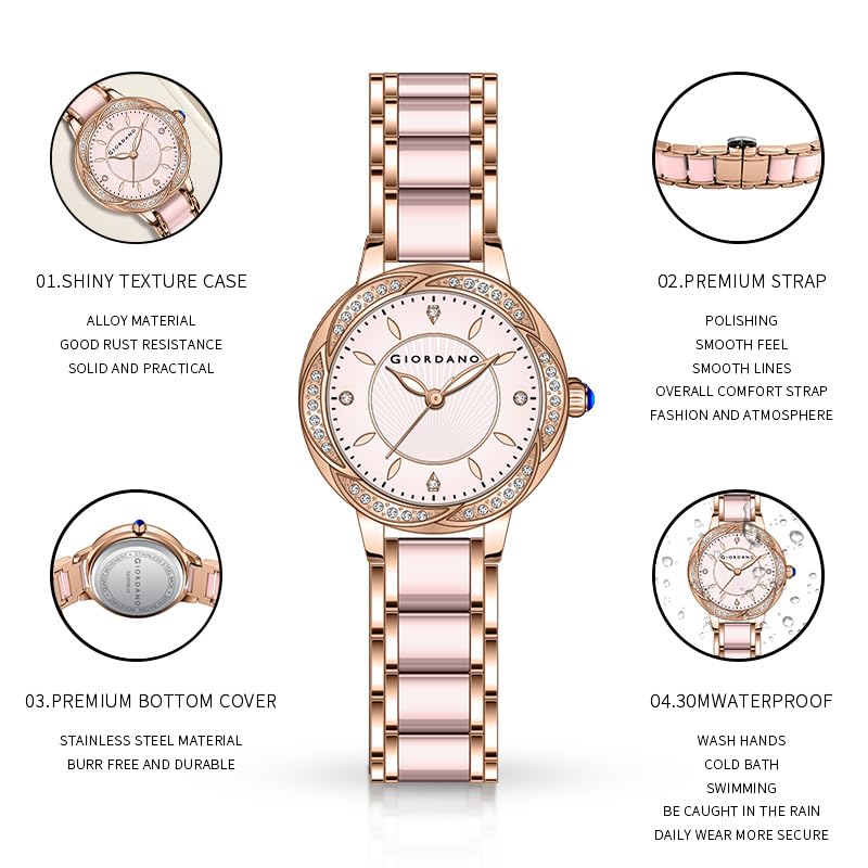 Giordano Flower Case Watch for Women with Crystal-Studded Bezel, Diamond Hour Markers & Dual Tone Stainless Strap - Image 3