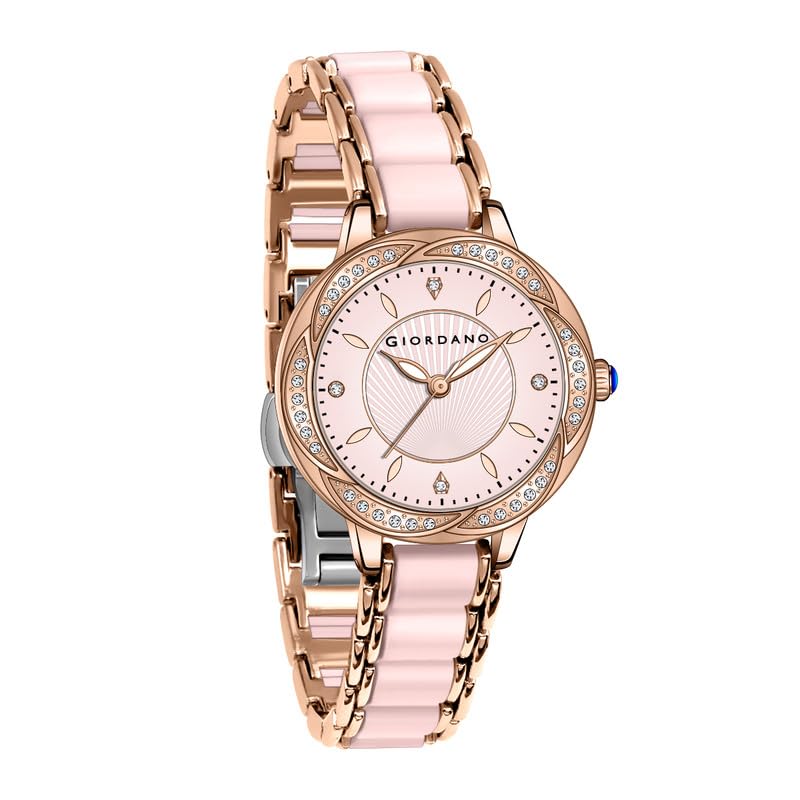 Giordano Flower Case Watch for Women with Crystal-Studded Bezel, Diamond Hour Markers & Dual Tone Stainless Strap - Image 1