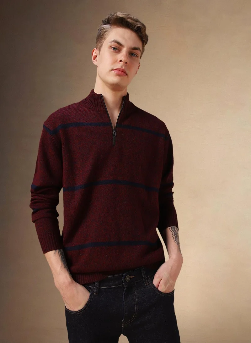 Men's Maroon 100% Acrylic Striped Regular Fit Sweater