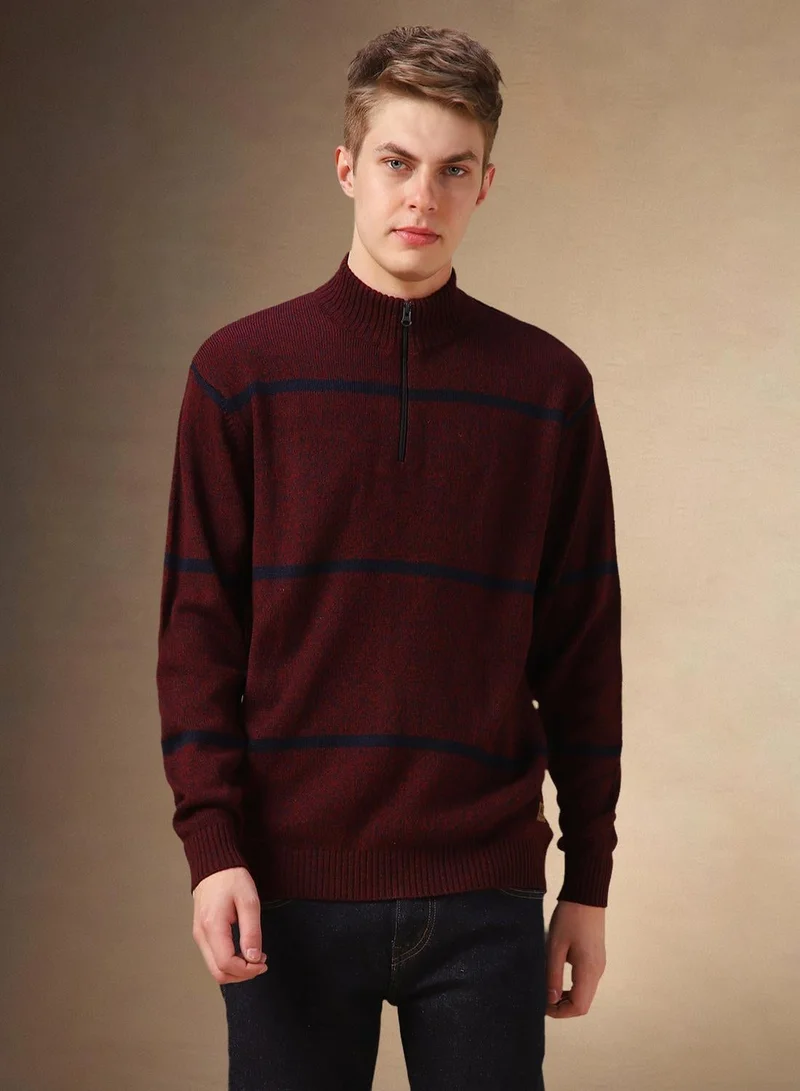Dennis Lingo Maroon Men's Maroon 100% Acrylic Striped Regular Fit Sweater for Men | Best Price UAE
