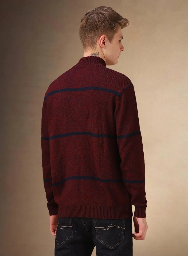 Dennis Lingo Maroon Men's Maroon 100% Acrylic Striped Regular Fit Sweater for Men | Best Price UAE