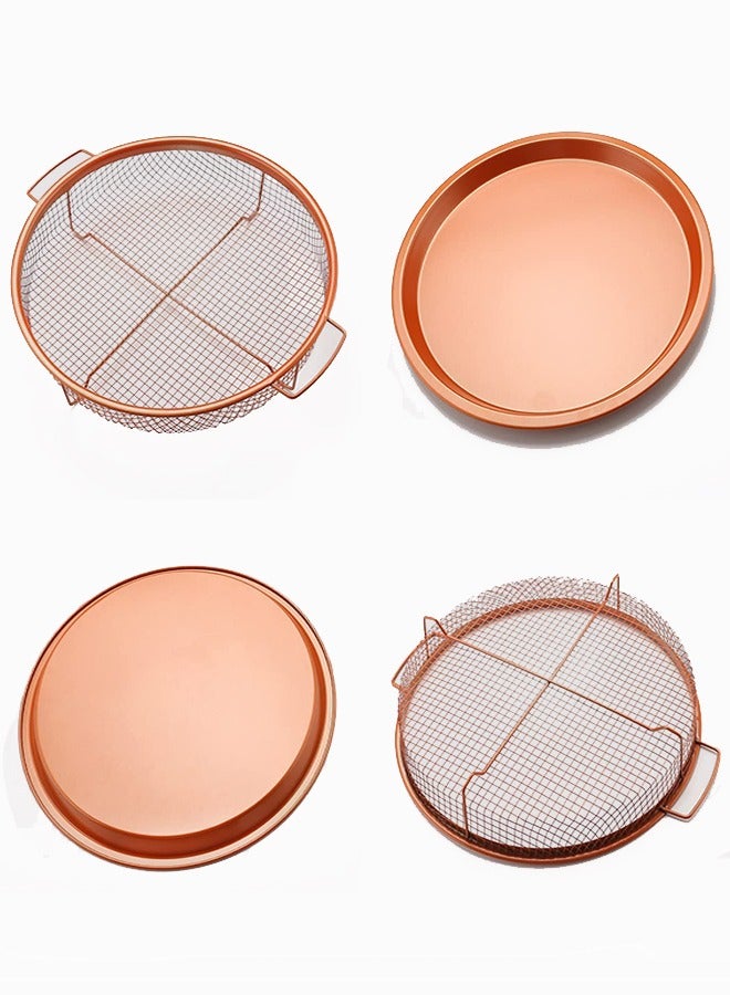 2 Piece Set Round Oven Air Fryer Crisper Tray Pizza & Baking Pan Durable Non Stick Scratch Proof Safe Basket Grill Mesh Dish Copper Coated  - Image 5
