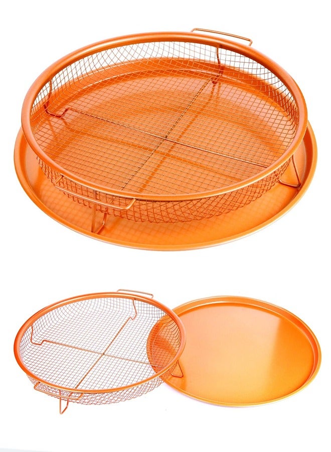 2 Piece Set Round Oven Air Fryer Crisper Tray Pizza & Baking Pan Durable Non Stick Scratch Proof Safe Basket Grill Mesh Dish Copper Coated  - Image 1