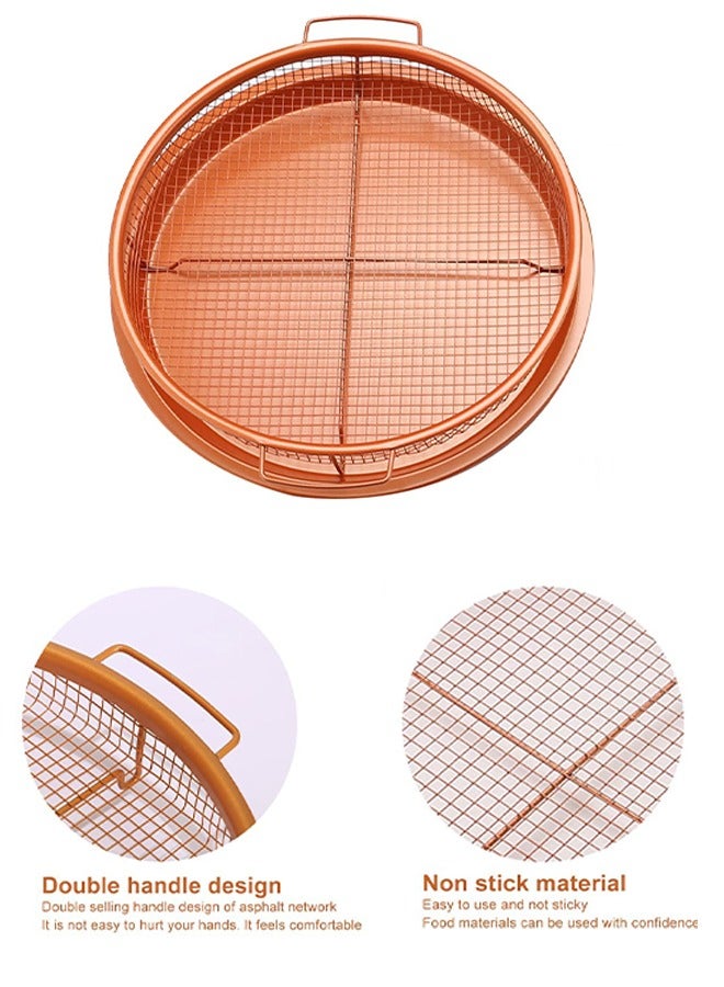 2 Piece Set Round Oven Air Fryer Crisper Tray Pizza & Baking Pan Durable Non Stick Scratch Proof Safe Basket Grill Mesh Dish Copper Coated  - Image 2