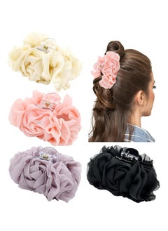 Oasisgalore 4 Pack Large Chiffon Pleated Rose Hair Claws, Floral Barrettes, Hair Bow Grips for Women & Girls.  - Image 1