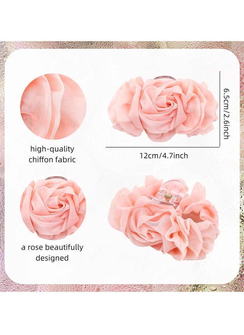 Oasisgalore 4 Pack Large Chiffon Pleated Rose Hair Claws, Floral Barrettes, Hair Bow Grips for Women & Girls.  - Image 2