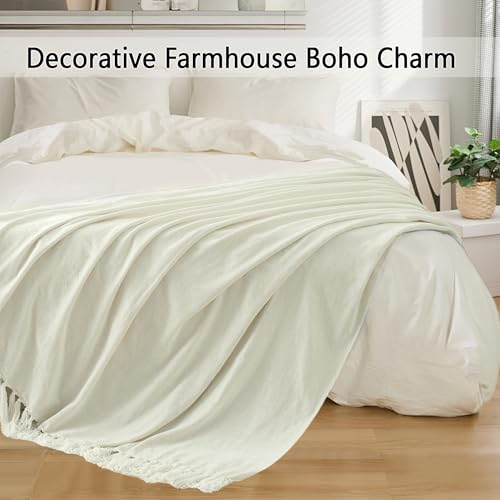 LONG CREATE Chenille Throw Blanket for Couch 50X 60 Soft Cozy Throws with Fringe Tassel for Bed Sofa Chair Cover Lightweight Knitted Decorative Boho Blankets for Living Room Ivory White - Image 3