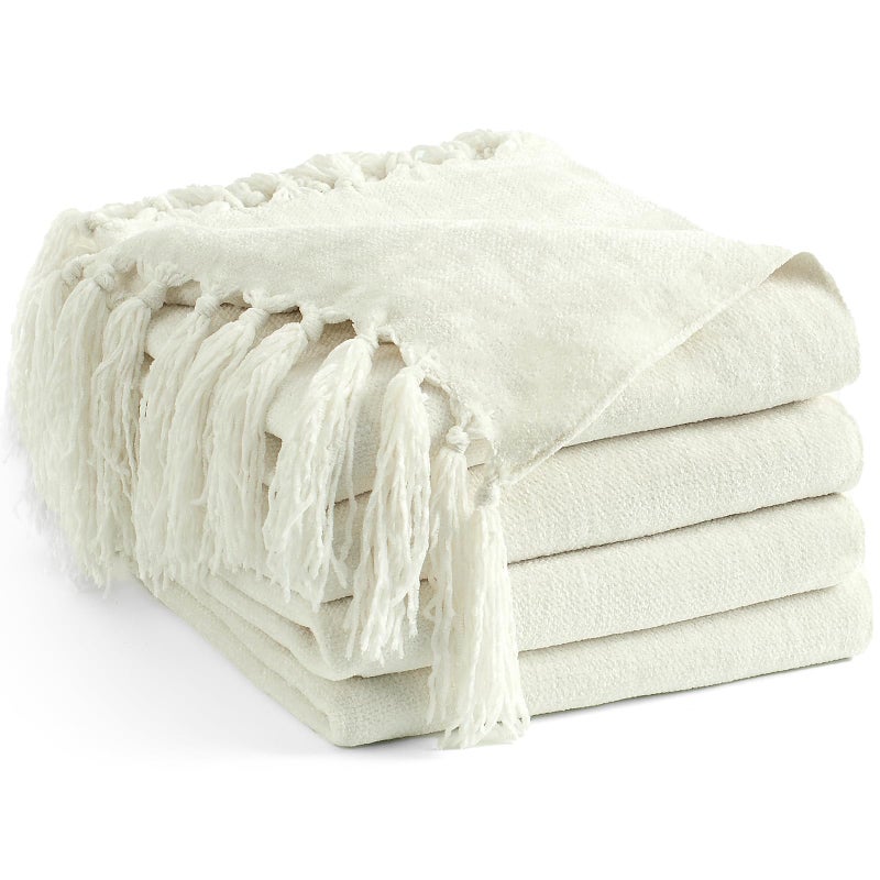 LONG CREATE Chenille Throw Blanket for Couch 50X 60 Soft Cozy Throws with Fringe Tassel for Bed Sofa Chair Cover Lightweight Knitted Decorative Boho Blankets for Living Room Ivory White - Image 2
