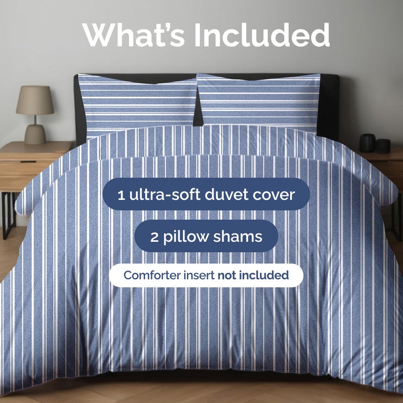 Duvet Cover Cal King Size Set - Soft Cal King Size Duvet Cover - 104"" x 98"" Cal King Duvet Cover w/ 2 Pillow Shams - Easy Care & Fade Free - Duvet Cover w/Zipper Closures & Ties (Blue Stripes)