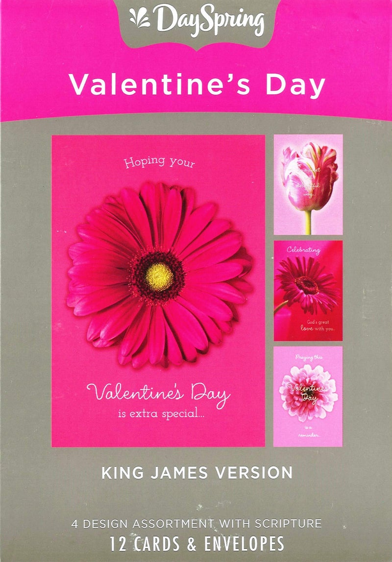 DaySpring - Valentine's Day is Extra Special - King James Version - 4 Pink Floral Designs with Scripture - 12 Boxed Valentine Cards & Envelopes (J1332) - Image 1