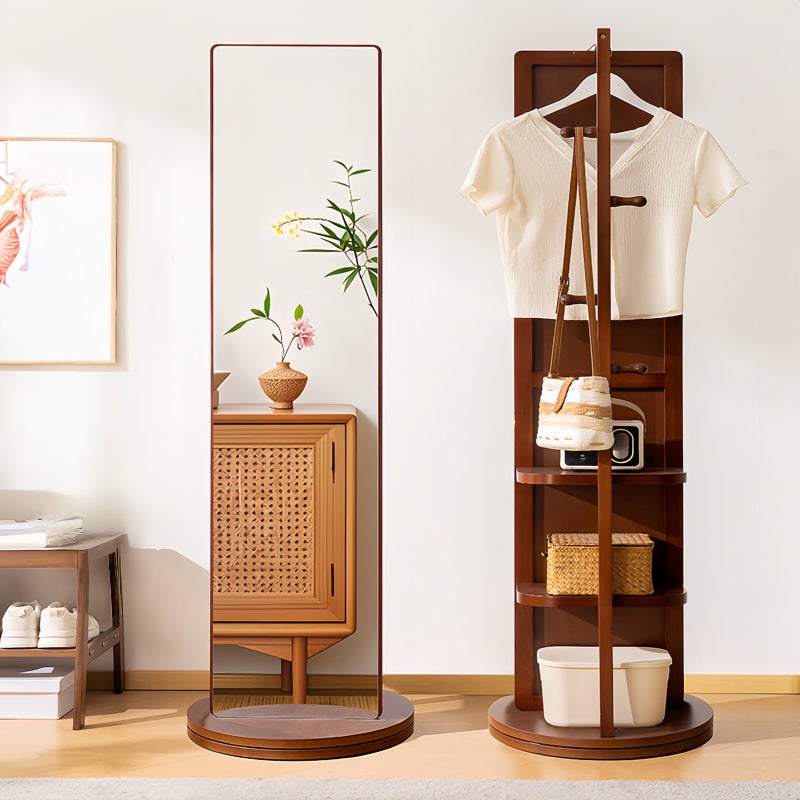 شاربدو مرآة طويلة بالكامل مع رف عبايات، عتيقة باللون البني الدائري، مرآة أرضية ذات حركة حرة 360 درجة معرف تخزين وسطوح متحركة بالعجلات - Image 3