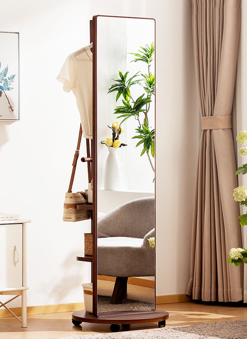 شاربدو مرآة طويلة بالكامل مع رف عبايات، عتيقة باللون البني الدائري، مرآة أرضية ذات حركة حرة 360 درجة معرف تخزين وسطوح متحركة بالعجلات - Image 1