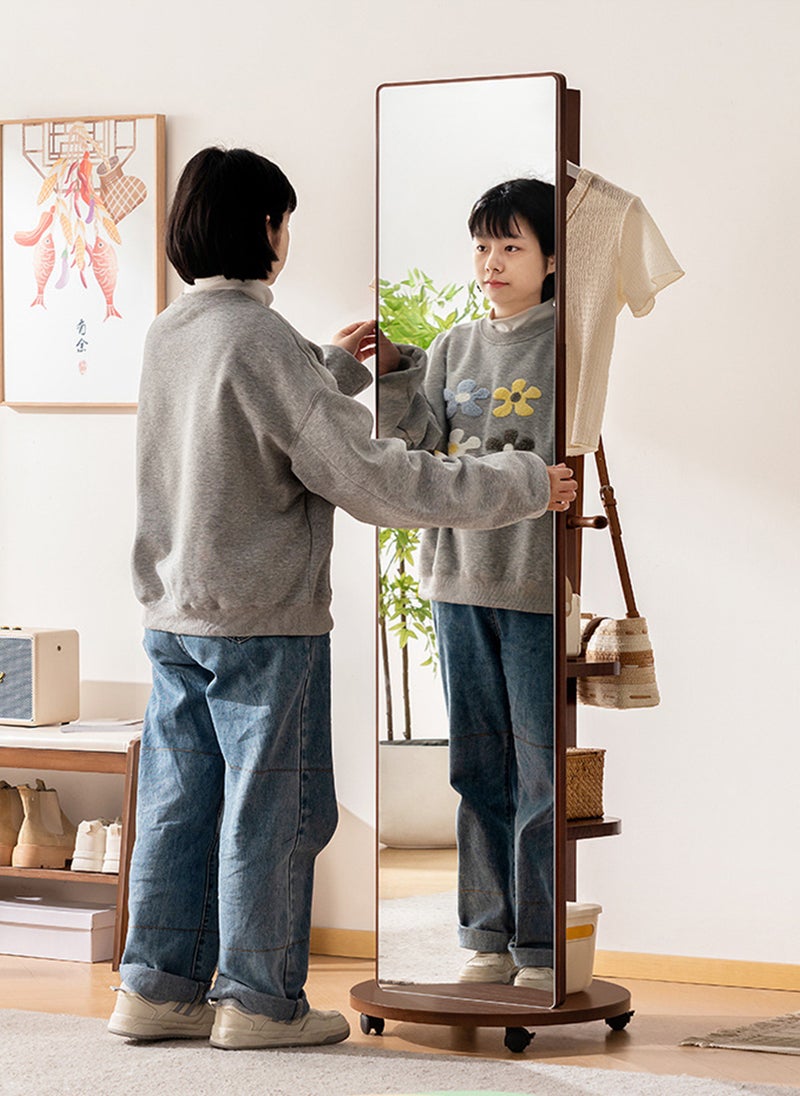 شاربدو مرآة طويلة بالكامل مع رف عبايات، عتيقة باللون البني الدائري، مرآة أرضية ذات حركة حرة 360 درجة معرف تخزين وسطوح متحركة بالعجلات - Image 4