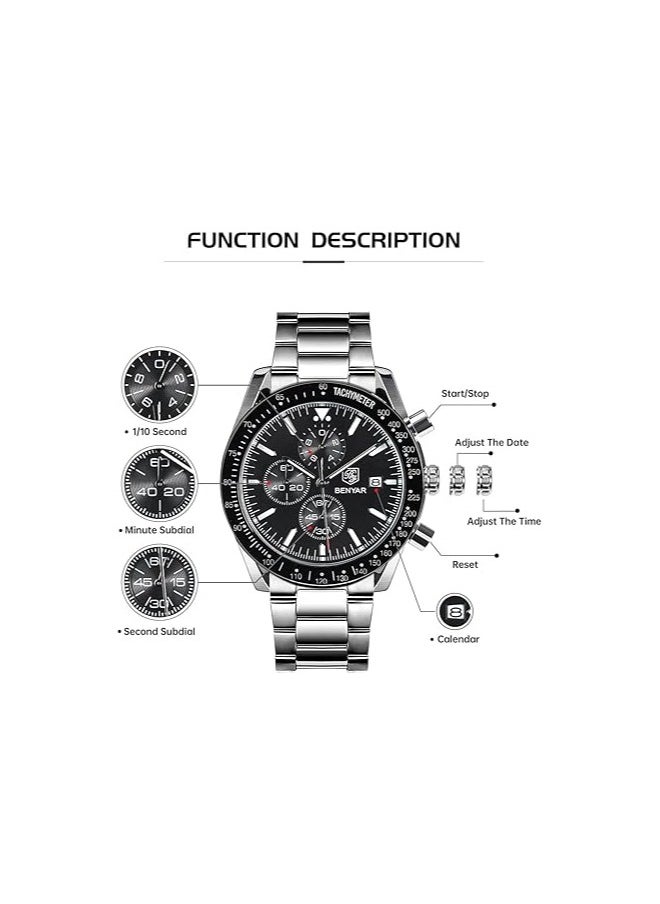 BENYAR - Mens Watches Chronograph Analog Quartz Movement Leather Band Stylish Sports Designer Wrist Watch - Image 1