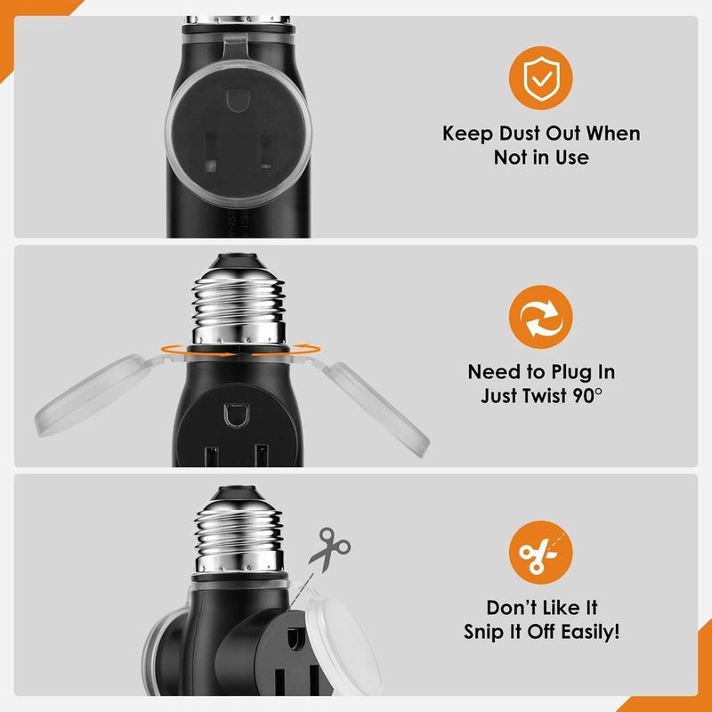 Onite 2-Pack Light Socket to Outlet Adapter – Convert E26 Socket to 3-Prong Outlet with Bulb Socket Kept, Waterproof Cover, Flame Retardant PBT, Indoor & Outdoor Use, Black - Image 3