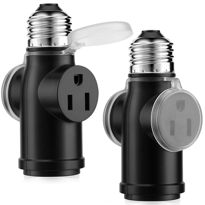 Onite 2-Pack Light Socket to Outlet Adapter – Convert E26 Socket to 3-Prong Outlet with Bulb Socket Kept, Waterproof Cover, Flame Retardant PBT, Indoor & Outdoor Use, Black - Image 1