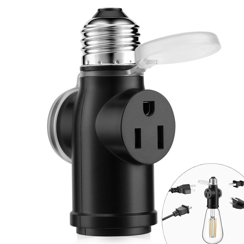 Onite 2-Pack Light Socket to Outlet Adapter – Convert E26 Socket to 3-Prong Outlet with Bulb Socket Kept, Waterproof Cover, Flame Retardant PBT, Indoor & Outdoor Use, Black - Image 2