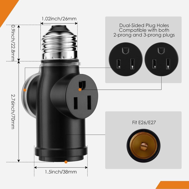 Onite 2-Pack Light Socket to Outlet Adapter – Convert E26 Socket to 3-Prong Outlet with Bulb Socket Kept, Waterproof Cover, Flame Retardant PBT, Indoor & Outdoor Use, Black - Image 5
