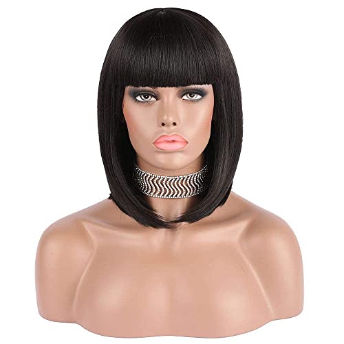 eNilecor Short Black Bob Wigs, 12" Straight with Flat Bangs Synthetic Colorful Cosplay Daily Party Wig for Women Natural As Real Hair+ Free Wig Cap (Black) - Image 5