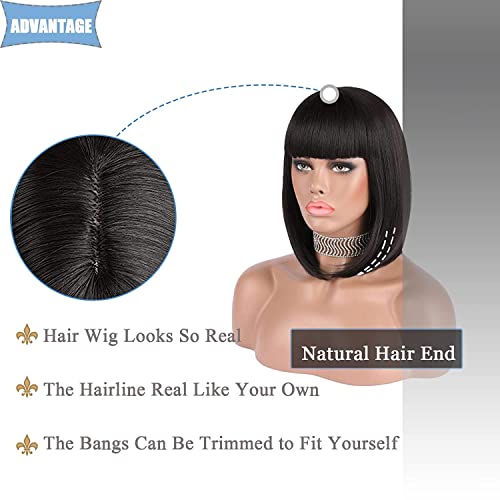 eNilecor Short Black Bob Wigs, 12" Straight with Flat Bangs Synthetic Colorful Cosplay Daily Party Wig for Women Natural As Real Hair+ Free Wig Cap (Black) - Image 3