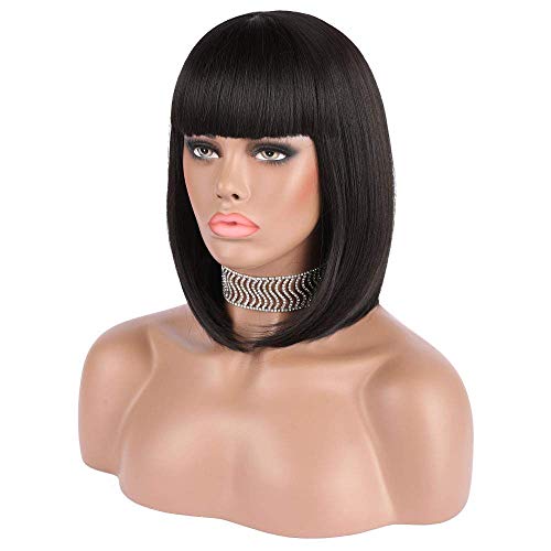 eNilecor Short Black Bob Wigs, 12" Straight with Flat Bangs Synthetic Colorful Cosplay Daily Party Wig for Women Natural As Real Hair+ Free Wig Cap (Black) - Image 4