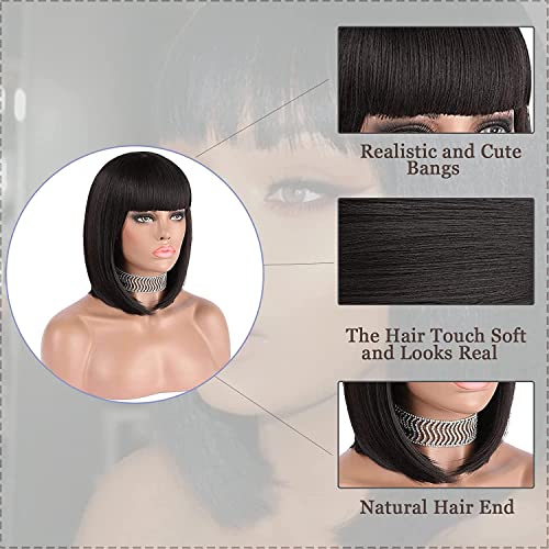 eNilecor Short Black Bob Wigs, 12" Straight with Flat Bangs Synthetic Colorful Cosplay Daily Party Wig for Women Natural As Real Hair+ Free Wig Cap (Black) - Image 2