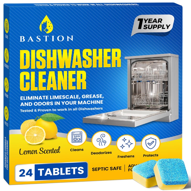 Bastion Dishwasher Cleaner Tablets - 24 Tablets (1-Year Supply) Lemon-Scented, Heavy Duty Cleaning Descaler Pods for Dish Washer, Deep Cleans & Maintains Your Dishwashing Machine for Optimal Performance - Image 1