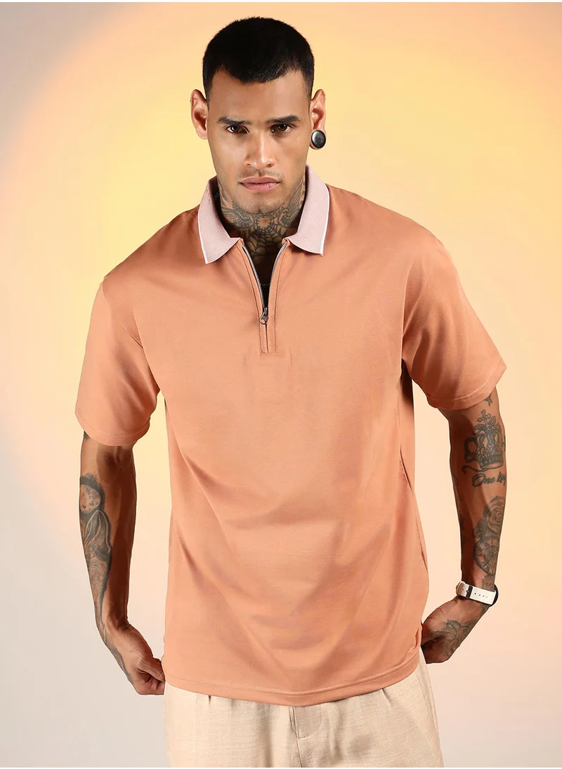 كامبوس سوترا Men's Cantalope Orange Solid Oversized Polo T-Shirt