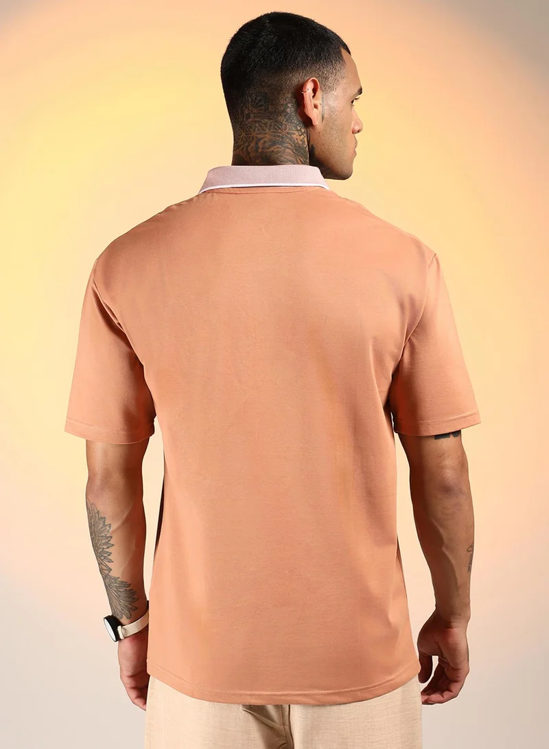 Campus Sutra Men's Cantalope Orange Solid Oversized Polo T-Shirt