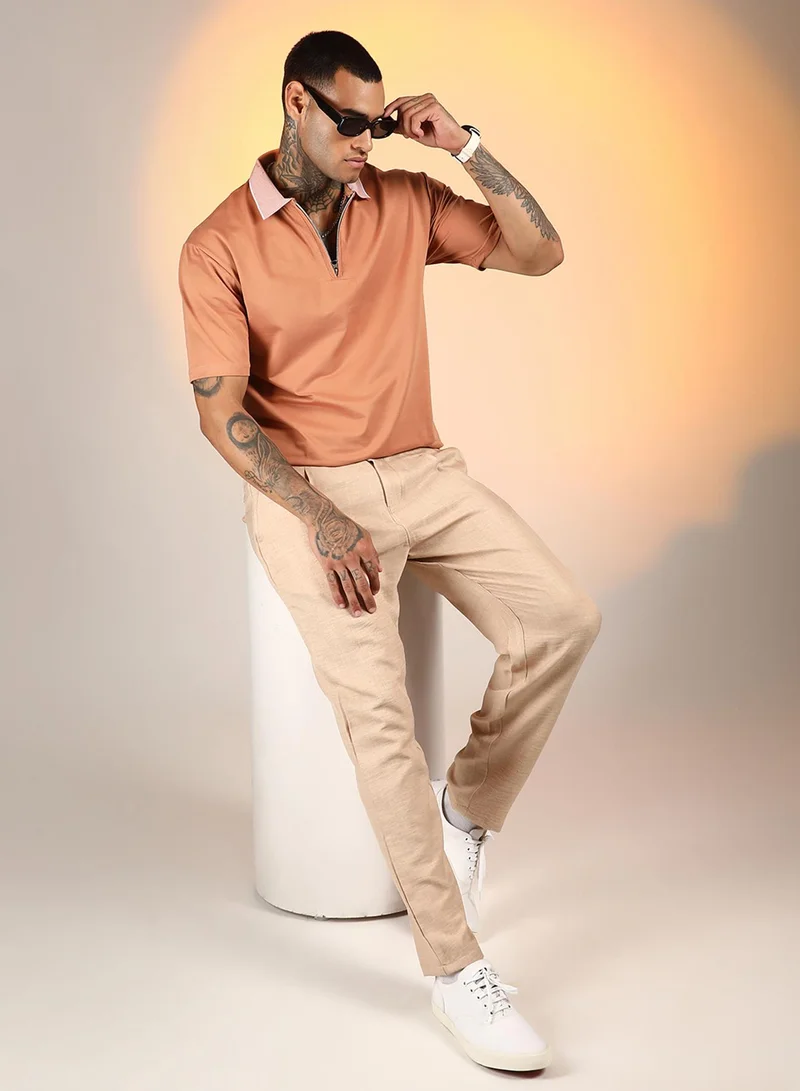 Campus Sutra Men's Cantalope Orange Solid Oversized Polo T-Shirt