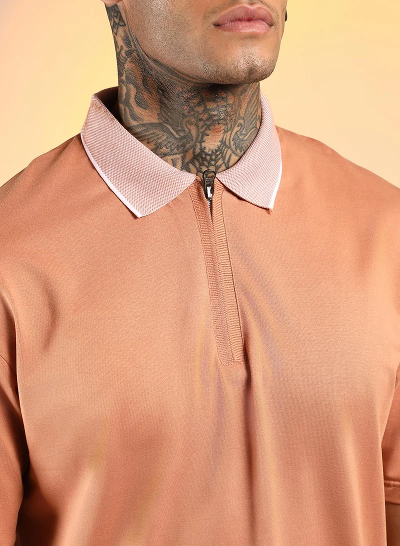 Campus Sutra Men's Cantalope Orange Solid Oversized Polo T-Shirt