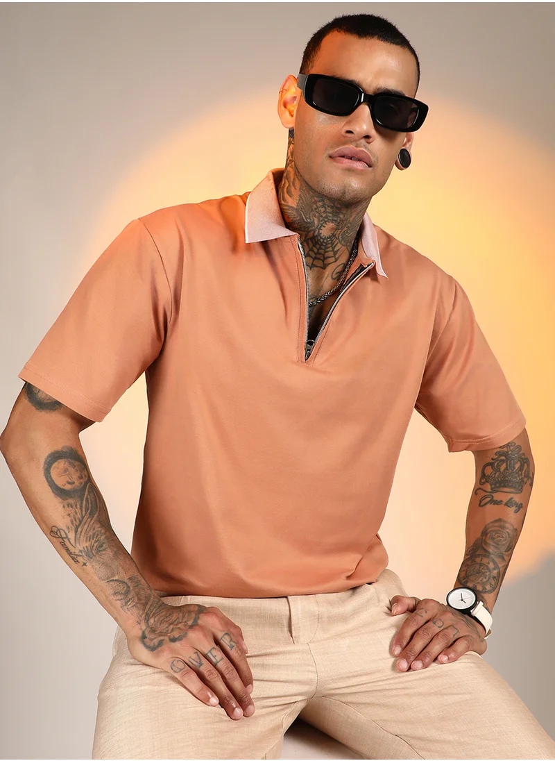 كامبوس سوترا Men's Cantalope Orange Solid Oversized Polo T-Shirt