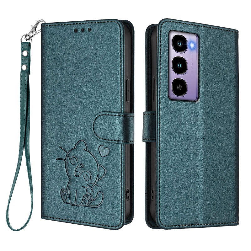 إيروريكس جراب هاتف Itel City 100 من الجلد المنقوش على شكل قطة مع حزام يد (أخضر غامق) - Image 2