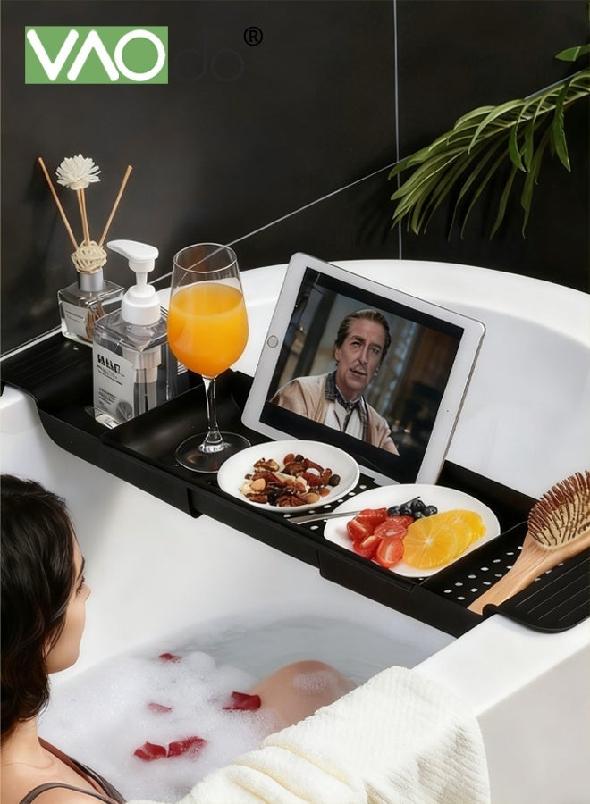 فاو دو صينية حوض استحمام قابلة للتوسيع، منظم حمام بسيط، صينية حوض استحمام قابلة للتمدد وقوية التحمل، تصميم مانع للانزلاق، صينية لحمل الشموع والمناشف والمجلات، لون أسود - Image 3