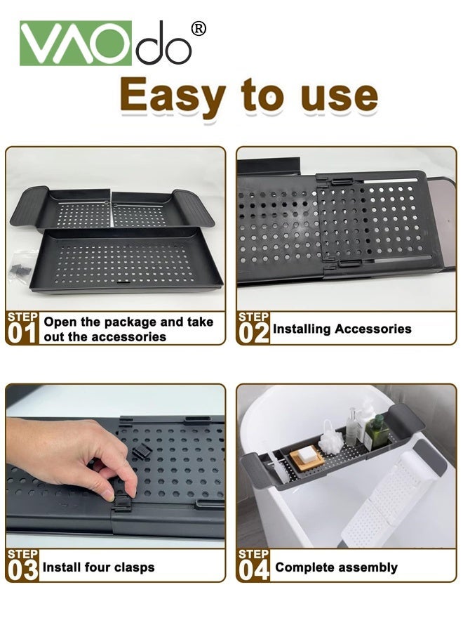 فاو دو صينية حوض استحمام قابلة للتوسيع، منظم حمام بسيط، صينية حوض استحمام قابلة للتمدد وقوية التحمل، تصميم مانع للانزلاق، صينية لحمل الشموع والمناشف والمجلات، لون أسود - Image 4