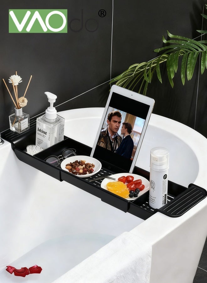 فاو دو صينية حوض استحمام قابلة للتوسيع، منظم حمام بسيط، صينية حوض استحمام قابلة للتمدد وقوية التحمل، تصميم مانع للانزلاق، صينية لحمل الشموع والمناشف والمجلات، لون أسود - Image 1