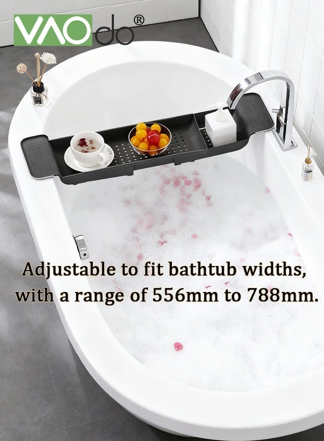 فاو دو صينية حوض استحمام قابلة للتوسيع، منظم حمام بسيط، صينية حوض استحمام قابلة للتمدد وقوية التحمل، تصميم مانع للانزلاق، صينية لحمل الشموع والمناشف والمجلات، لون أسود - Image 2