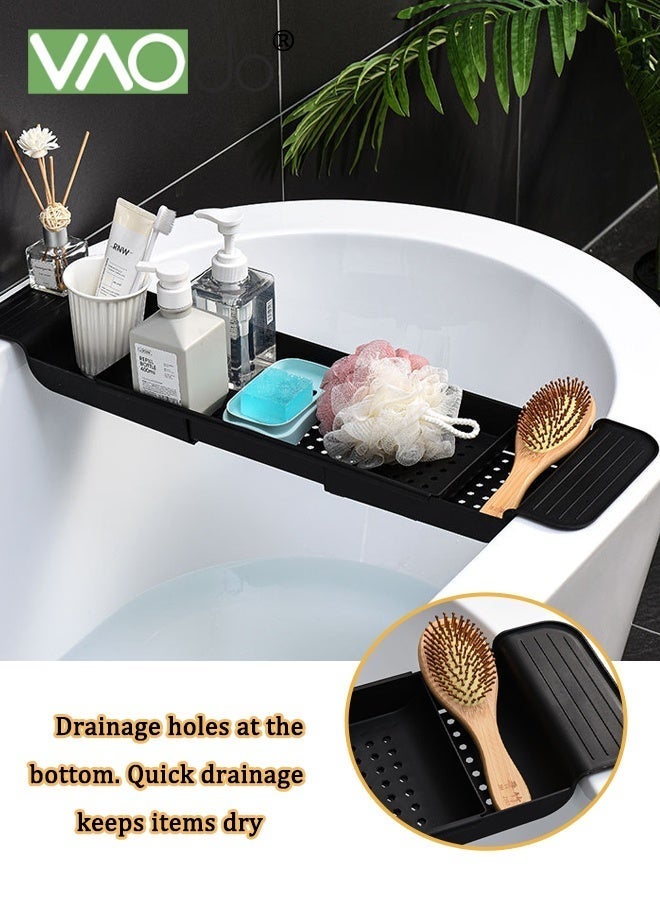 فاو دو صينية حوض استحمام قابلة للتوسيع، منظم حمام بسيط، صينية حوض استحمام قابلة للتمدد وقوية التحمل، تصميم مانع للانزلاق، صينية لحمل الشموع والمناشف والمجلات، لون أسود - Image 5