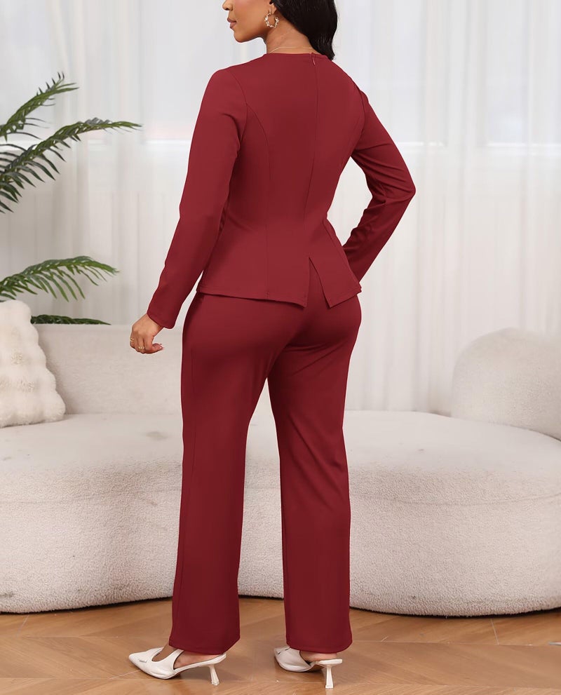 Aro Lora Women 2 Piece Outfits Casual Long Sleeve Irregular Hem Slit Top Pant Set Dressy Pantsuits Large Red - Image 4