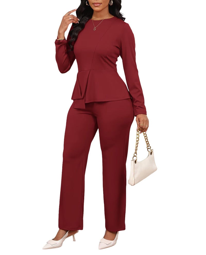 Aro Lora Women 2 Piece Outfits Casual Long Sleeve Irregular Hem Slit Top Pant Set Dressy Pantsuits Large Red - Image 2