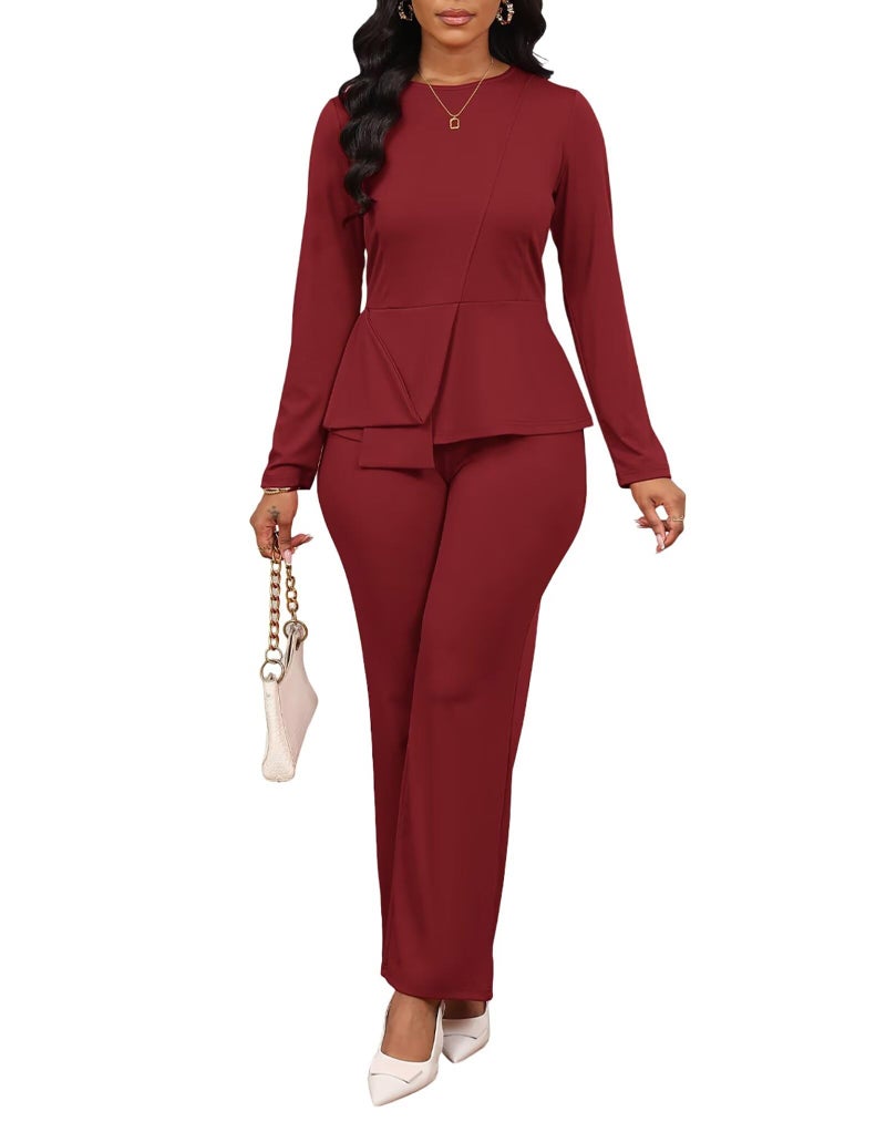Aro Lora Women 2 Piece Outfits Casual Long Sleeve Irregular Hem Slit Top Pant Set Dressy Pantsuits Large Red - Image 1