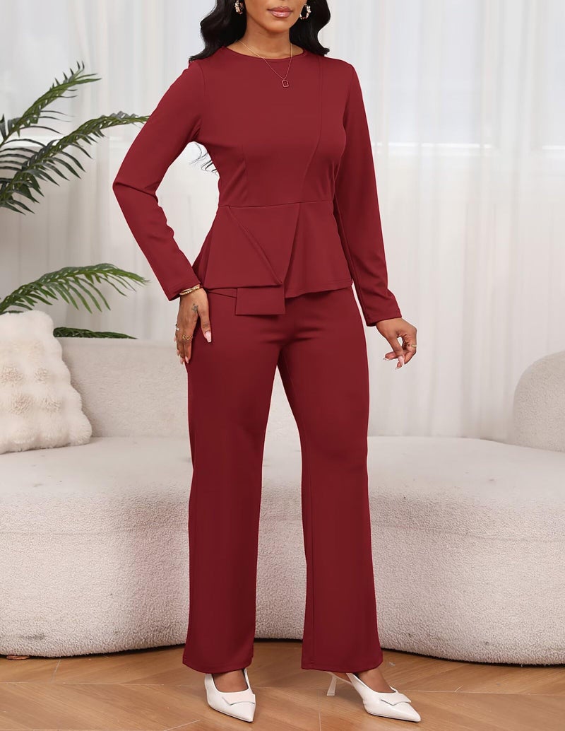 Aro Lora Women 2 Piece Outfits Casual Long Sleeve Irregular Hem Slit Top Pant Set Dressy Pantsuits Large Red - Image 3