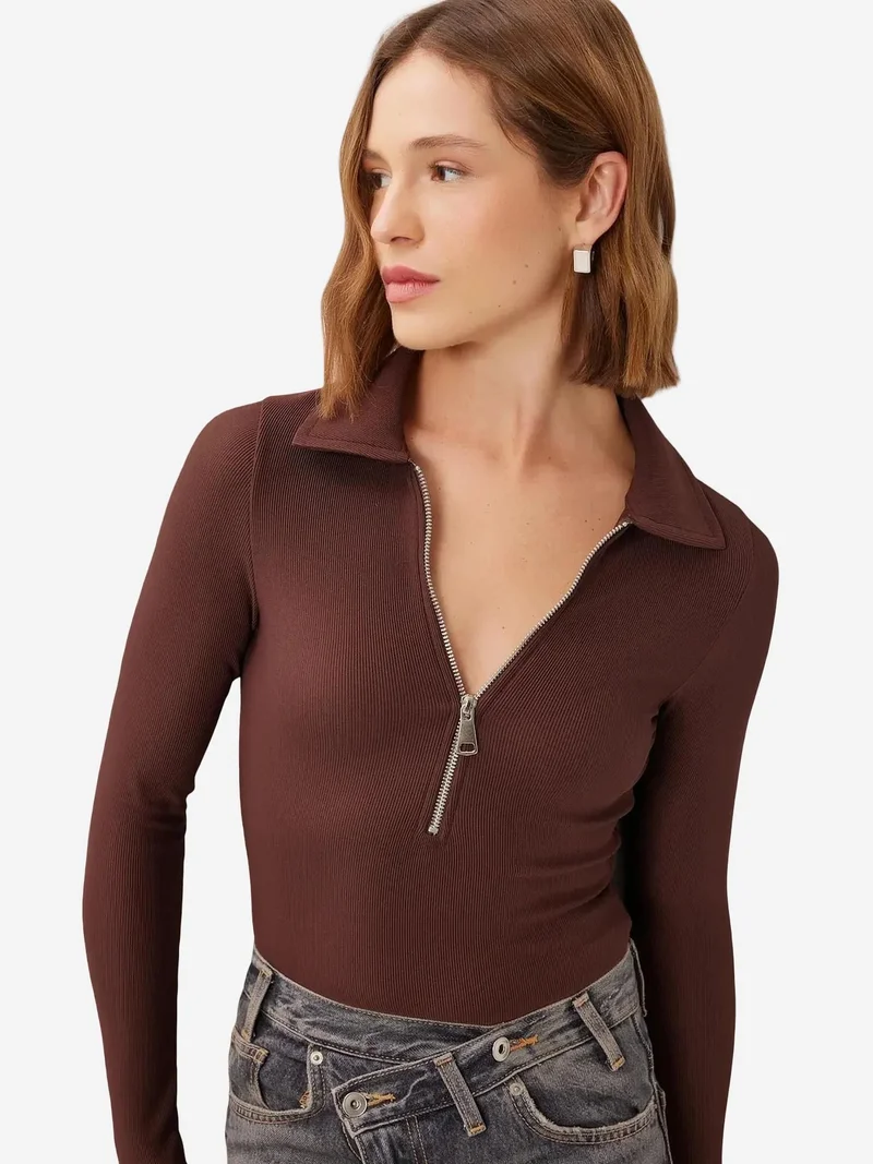 Lovely Istanbul ISTANBUL Textured Long Sleeve Fitted Blouse with Zipper Collar