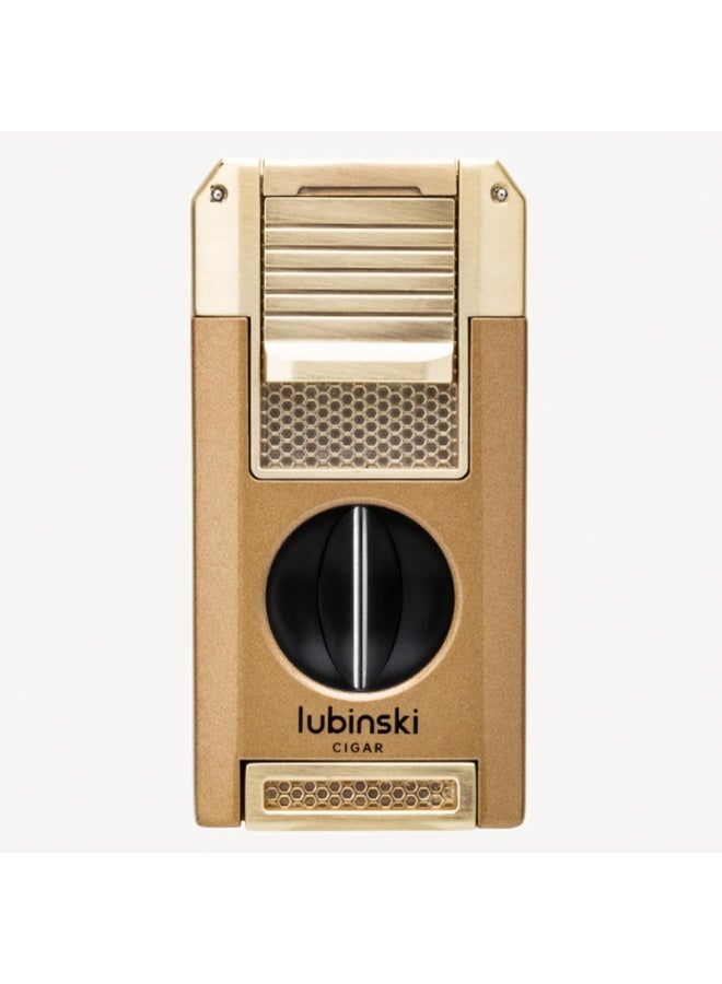 Lubinski Lighter Jet Flame with V-Cut, Punch Cutter, Holder & Drill Tool – 5-in-1 Cigar Accessory Gift Set, Gold Color with Gift Box - Image 1