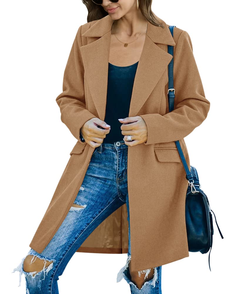 Fazortev Womens Casual Long Sleeve Wool Blend Pea Coat Lapel Notched Collar Warm Midi Jacket Overcoat - Image 2