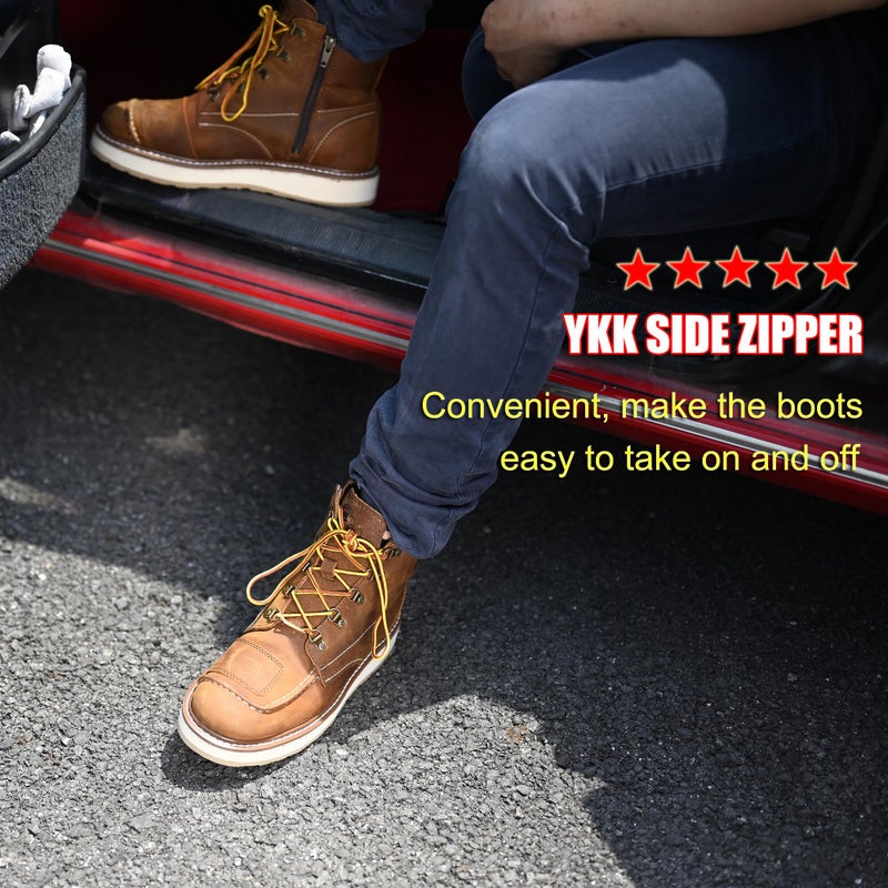 ROCKROOSTER Magnolia 6" Side-Zipper Wedge Boots for Men, Lightweight Soft Moc Toe Motorcycle Boots SAP309-Brown-07 - Image 3