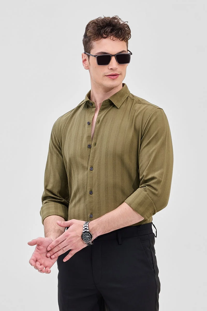 SNITCH Olive Textured Long Sleeve Slim Fit Shirt