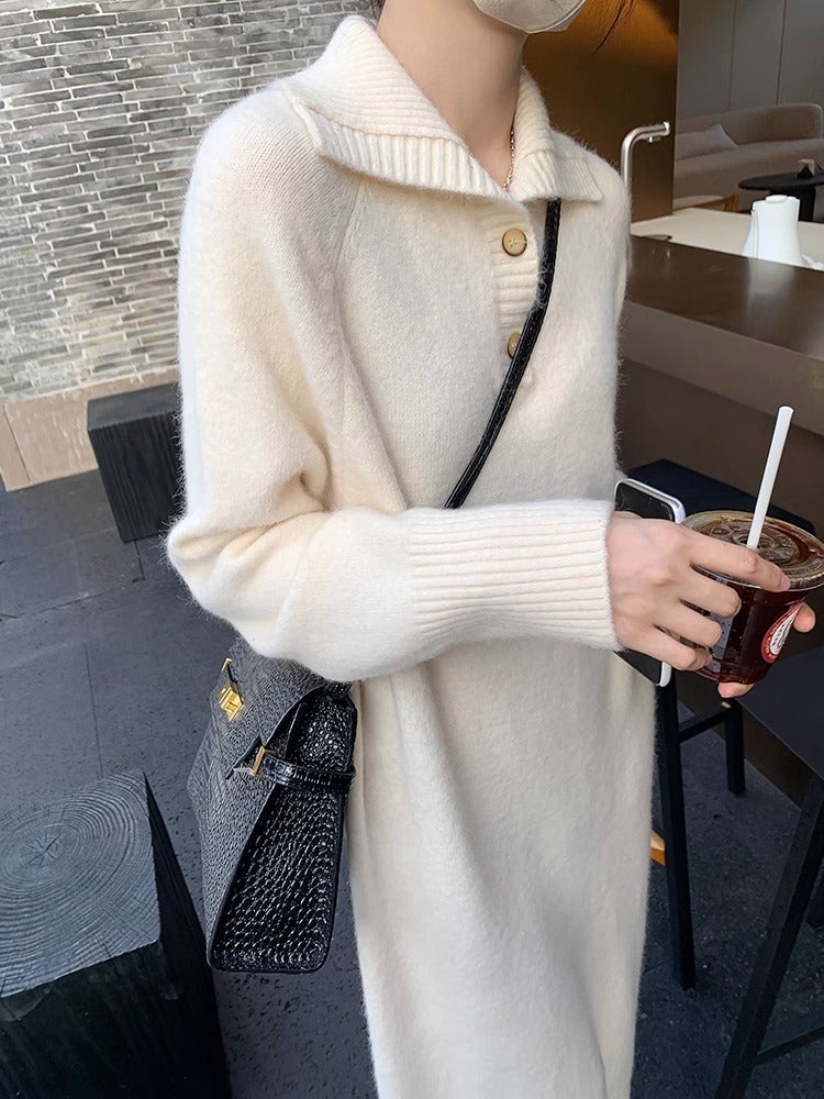 French-style Lapel Knitted Bottoming Dress Womens Autumn and Winter New Style Matching Coat Loose Long Knee-length Thickened Sweater Dress 2209 brown - Image 2