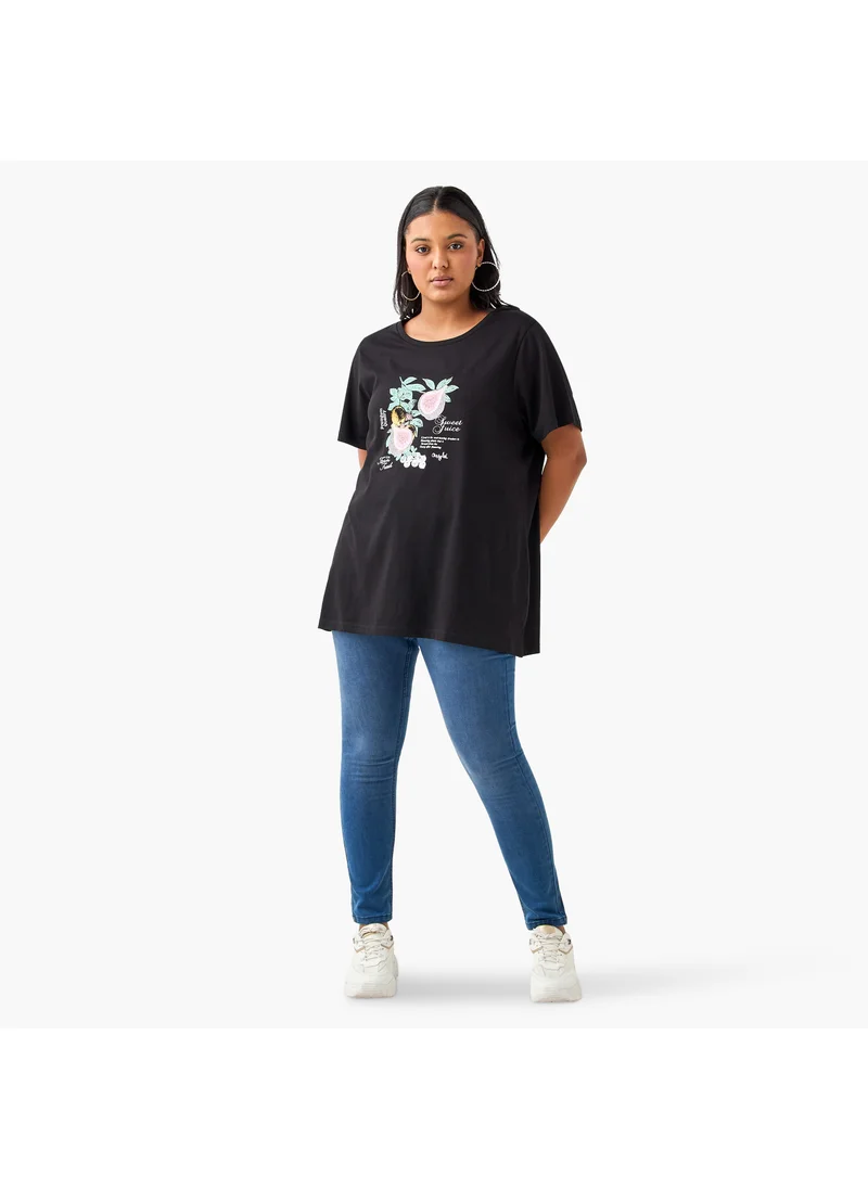 Ulla Popken Plus Size Ulla Popken Graphic Print T-shirt with Short Sleeves and Round Neck