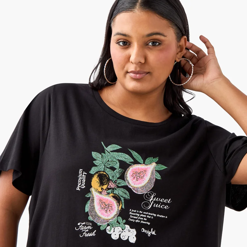  أولا بوبكن Plus Size Ulla Popken Graphic Print T-shirt with Short Sleeves and Round Neck